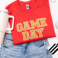 PREORDER: Embroidered Glitter Game Day Sweatshirt in Red/Golden Yellow
