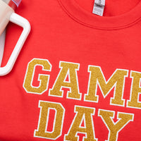 PREORDER: Embroidered Glitter Game Day Sweatshirt in Red/Golden Yellow