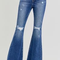 RISEN Full Size High Rise Distressed Raw Hem Flare Jeans