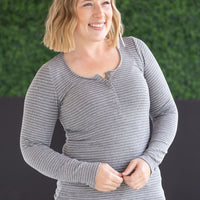 IN STOCK Striped Henley Long Sleeve - Charcoal