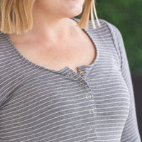 IN STOCK Striped Henley Long Sleeve - Charcoal