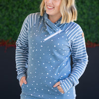 IN STOCK Zoey ZipCowl Sweatshirt - Teal Dots and Stripes