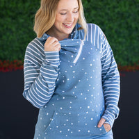 IN STOCK Zoey ZipCowl Sweatshirt - Teal Dots and Stripes