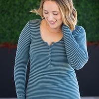 IN STOCK Striped Henley Long Sleeve - Dusty Teal