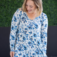 IN STOCK Long Sleeve Sarah Ruffle Top - Sapphire Floral
