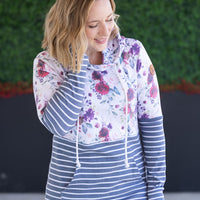 IN STOCK Hailey Pullover Hoodie - Burgundy Bloom and Grey Stripes FINAL SALE