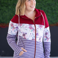 IN STOCK Colorblock Fullzip - Burgundy, Burgundy Bloom, and Plum Stripes FINAL SALE