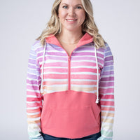 IN STOCK Classic Halfzip Hoodie - Rainbow Stripes and Sun Kissed Coral