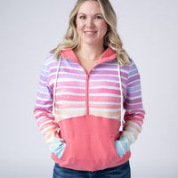 IN STOCK Classic Halfzip Hoodie - Rainbow Stripes and Sun Kissed Coral