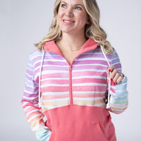 IN STOCK Classic Halfzip Hoodie - Rainbow Stripes and Sun Kissed Coral