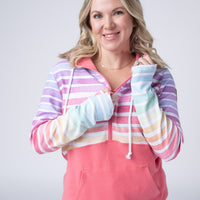 IN STOCK Classic Halfzip Hoodie - Rainbow Stripes and Sun Kissed Coral