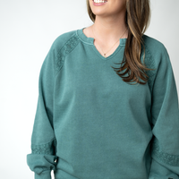 IN STOCK Lace Accent Vintage Wash Pullover - Teal
