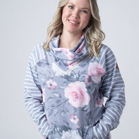 IN STOCK Classic Zoey ZipCowl Sweatshirt - Grey Floral and Stripes