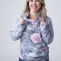 IN STOCK Classic Zoey ZipCowl Sweatshirt - Grey Floral and Stripes