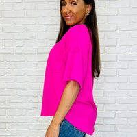 Just a Casual Girly V-Neck Basic Tee in Fuchsia