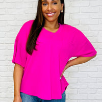 Just a Casual Girly V-Neck Basic Tee in Fuchsia
