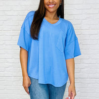Just a Casual Girly V-Neck Basic Tee in Periwinkle Blue