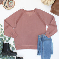 IN STOCK Lace Accent Vintage Wash Pullover - Brown
