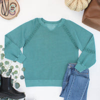 IN STOCK Lace Accent Vintage Wash Pullover - Teal