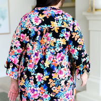 Lizzy Bell Sleeve Top Black and Teal Tropical Floral