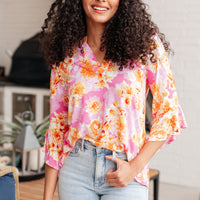 Lizzy Bell Sleeve Top in Pink and Gold Floral