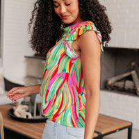 Lizzy Flutter Sleeve Top in Green Multi Abstract Stripe