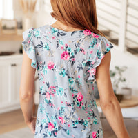 Lizzy Flutter Sleeve Top in Grey and Mint Floral
