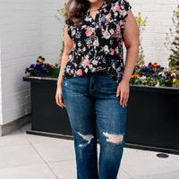 Lizzy Flutter Sleeve Top in Black and Muted Pink Floral