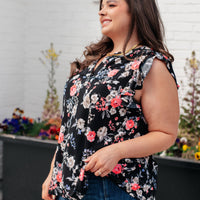 Lizzy Flutter Sleeve Top in Black and Muted Pink Floral