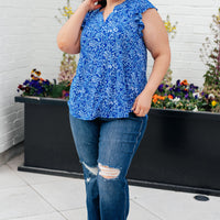Lizzy Flutter Sleeve Top in Royal Blue and White Floral