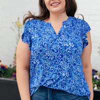 Lizzy Flutter Sleeve Top in Royal Blue and White Floral