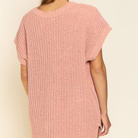 POL Rib-Knit V-Neck Slit High-Low Short Sleeve Sweater