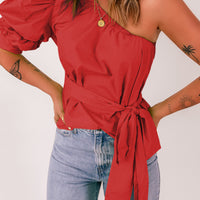 Tied Puff Sleeve One-Shoulder Top