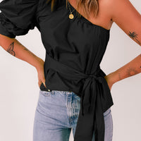 Tied Puff Sleeve One-Shoulder Top