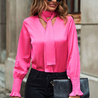 Tie-Neck Cutout Smocked Blouse