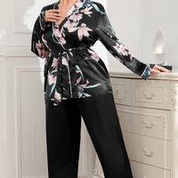 Plus Size Floral Belted Robe and Pants Pajama Set