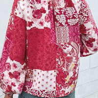 Patchwork Buttoned Tie-Neck Balloon Sleeve Blouse