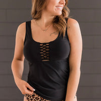 Sunny Escape Braided Tankini Swim Top- Black