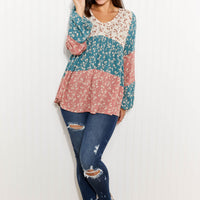 ODDI Full Size Contrast Floral Babydoll Blouse