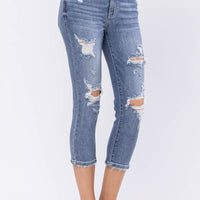 Judy Blue Wren Full Size Distressed Mid-Rise Denim Capri