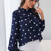 Polka Dot Frill Trim Mock Neck Blouse