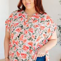 Lizzy Cap Sleeve Top in Coral and Beige Floral