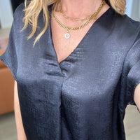 Pleat Front V-Neck Top in Black