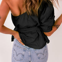 Tied Puff Sleeve One-Shoulder Top