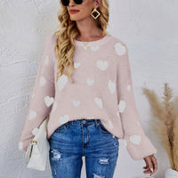 Heart Print Fuzzy Crewneck Long Sleeve Sweater