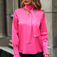 Tie-Neck Cutout Smocked Blouse