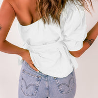 Tied Puff Sleeve One-Shoulder Top