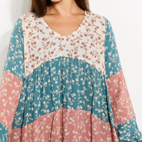 ODDI Full Size Contrast Floral Babydoll Blouse