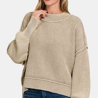 Zenana Exposed Seam Round Neck Dropped Shoulder Sweater