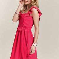 ADORA Smocked Square Neck Ruffled Cap Sleeve Dress